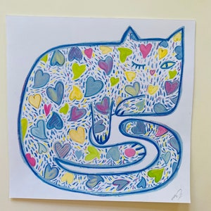 Dipinto acrilico originale su carta “Il gatto dei cuori” 21x21 cm (8,3x8,3 pollici), dipinto acrilico. Spedizione gratuita