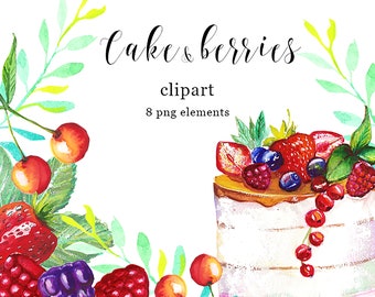 Cake Clipart, Watercolor Clipart, Logo Clipart, Berry clipart, Fruits & Berries Clipart, Fruit Clipart, Digital Clipart