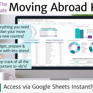 Può includere: Uno schermo di computer che mostra un foglio di calcolo di Google Sheets intitolato "Moving Abroad Preparation Kit". Il foglio di calcolo include sezioni per il budget, il reddito, le spese e un confronto del budget mensile. Il testo "Tutto ciò di cui hai bisogno per pianificare il tuo trasferimento in un nuovo paese!" è visualizzato in una casella di controllo verde. Il testo "Budget, preparati e risparmia senza stress!" è visualizzato in una casella di controllo verde. Il testo "Tieni traccia di tutti i compiti importanti!" è visualizzato in una casella di controllo verde. Il testo "Accedi tramite Google Sheets istantaneamente!" è visualizzato sotto lo schermo del computer.