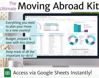 Moving Abroad Kit / Google Sheets /  International Move Planner w/ Checklist, Travel Budget, Organizer, Savings Fund, To Do List, Expat Life