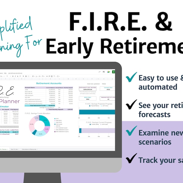 Vorruhestandsplaner / Google Sheets / Einfach zu bedienen / F.I.R.E. Spar-Tracker / Einfacher Ruhestand Plan für ALLE Altersgruppen / Finanzielles Sparen FEUER