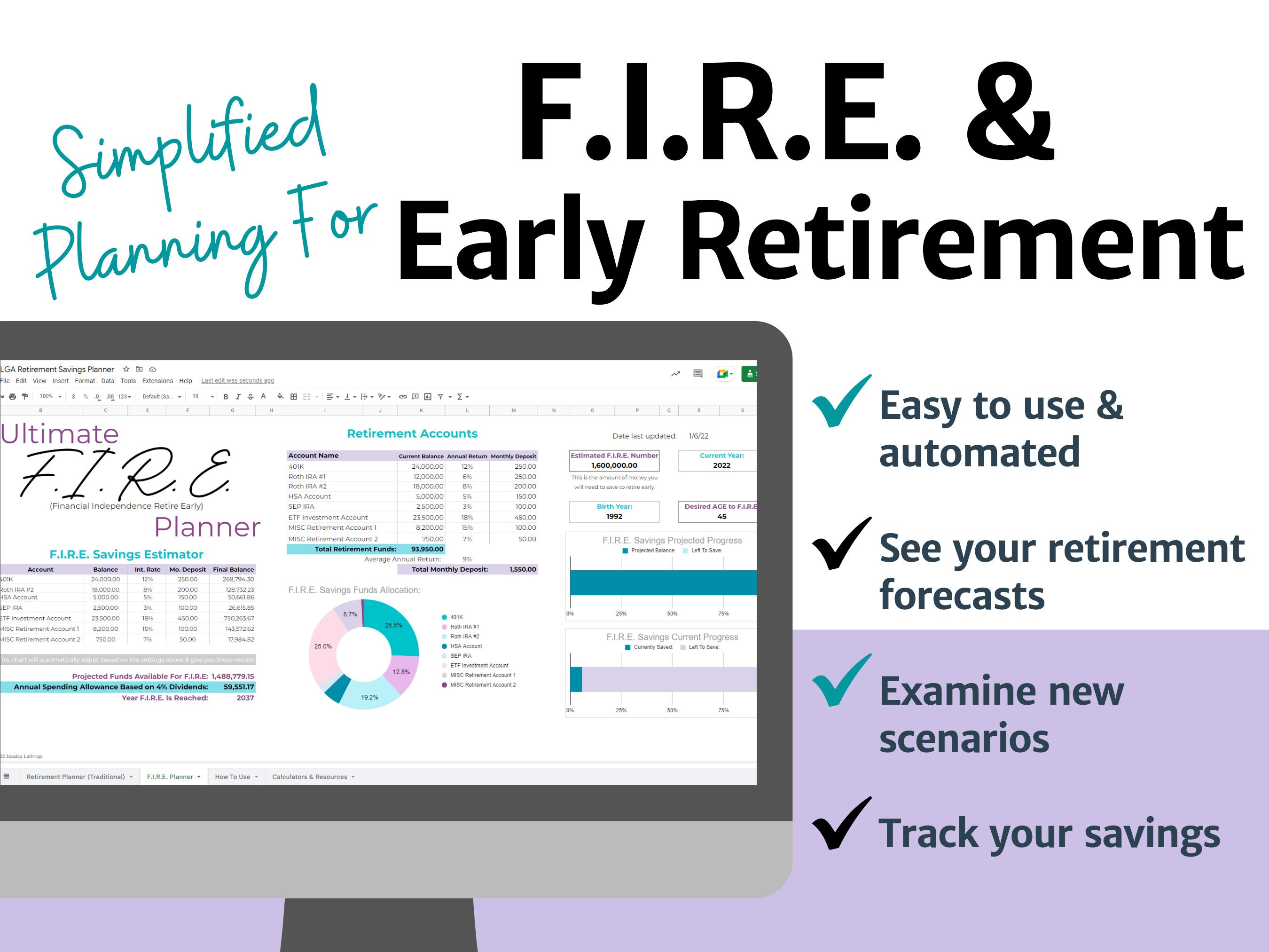 Early Retirement Planner / Google Sheets / Simple To Use / F.I.R.E. Savings Tracker / Easy Retire Plan for ALL Ages / Financial Savings FIRE
