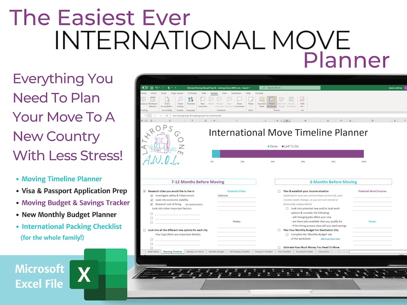 Moving Abroad Prep Kit / Excel / International Move Planner, Checklist, Savings 4 Move, Travel Budget, To Do List, Organizer Expat Microsoft image 10