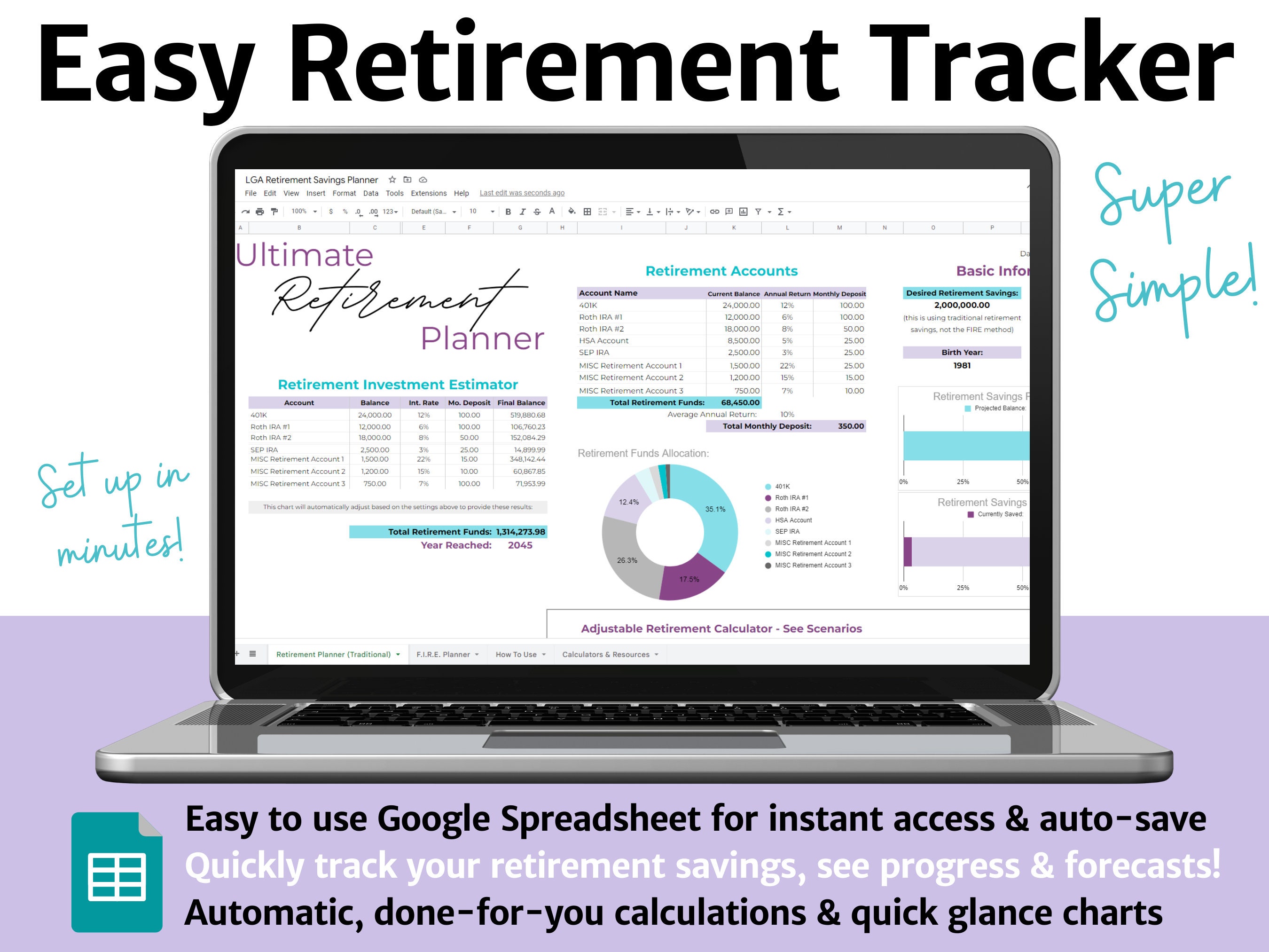 Easy Retirement Tracker / Google Sheets / Simple To Use / Retire Early Savings Tracker / Retirement Plan for ALL Ages / Financial Savings
