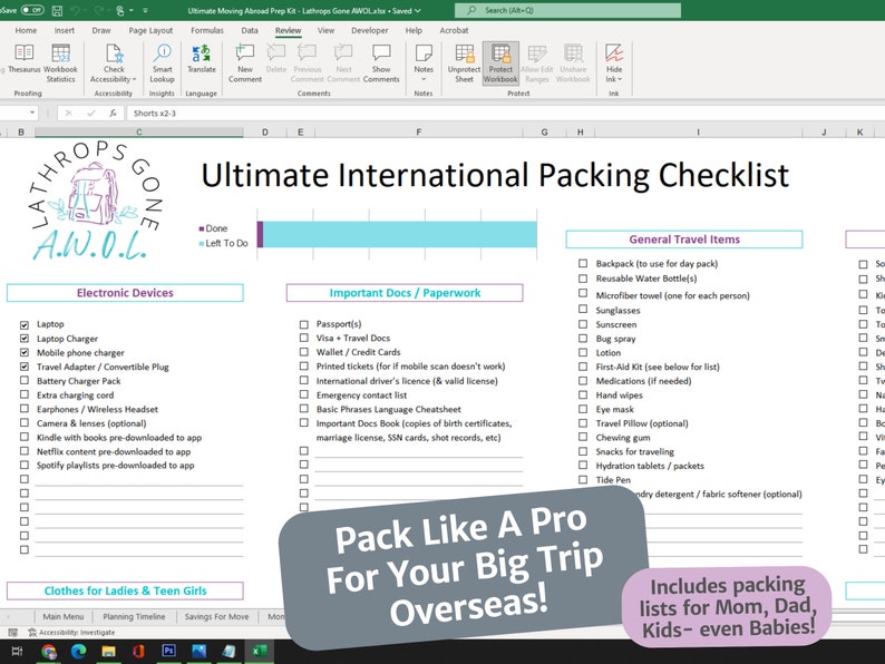 Moving Abroad Prep Kit / Excel / International Move Planner, Checklist, Savings 4 Move, Travel Budget, To Do List, Organizer Expat Microsoft image 7