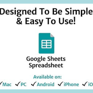 Peut inclure: Une ic&ocirc;ne verte turquoise repr&eacute;sentant une feuille de calcul, avec le texte "Google Sheets Spreadsheet" en dessous. Le texte "Designed To Be Simple & Easy To Use!" est en haut de l'image. Le texte "Available on:" est sous l'ic&ocirc;ne, suivi de coches et des mots "Mac, PC, Android, iPhone, iOS".