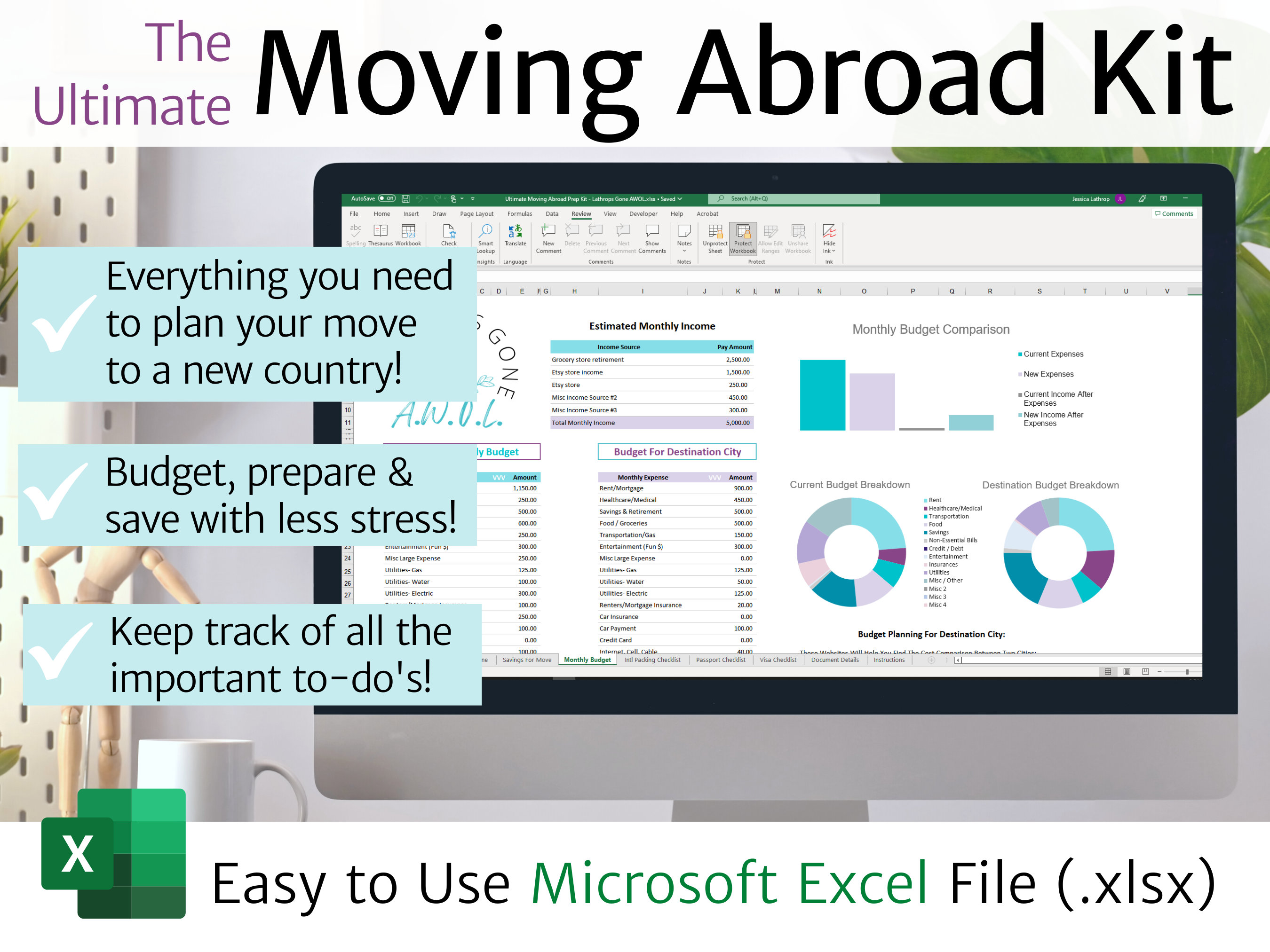 Moving Abroad Prep Kit / Excel / International Move Planner, Checklist, Savings, Travel Budget, To Do List, Organizer, Expat, Microsoft XLSX