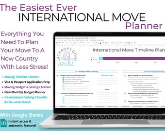 International Move Planner / Google Sheets / Moving Abroad Prep Kit w/ Checklist, Travel Budget, Organizer, Savings Fund, To Do List, Expat