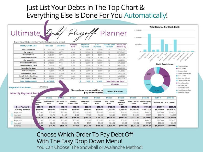 Easy Debt Lawinen Payoff Tracker für Google Sheets Debt Spreadsheet, Debt Planner, Debt Snowball Calculator, Debt Tracker, Debt Zahlung Bild 4