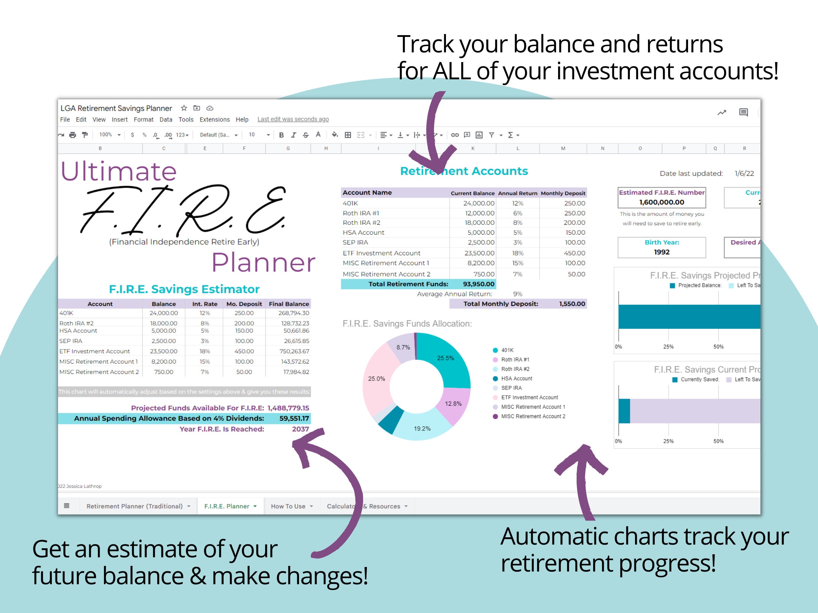 Easy Retirement & F.I.R.E. Savings Tracker / Google Sheets Planner ...