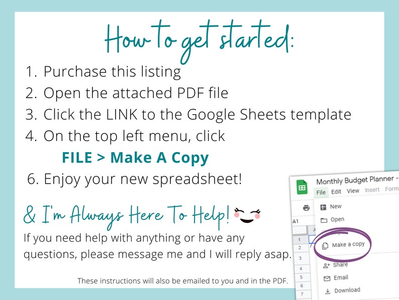 Peut inclure: Une capture d'&eacute;cran d'un &eacute;cran d'ordinateur montrant des instructions sur la fa&ccedil;on d'utiliser un mod&egrave;le Google Sheets. Les instructions sont &eacute;crites en bleu clair et incluent le texte "FICHIER > Faire une copie". La capture d'&eacute;cran montre &eacute;galement une partie du mod&egrave;le Google Sheets, qui est intitul&eacute; "Planificateur de budget mensuel".