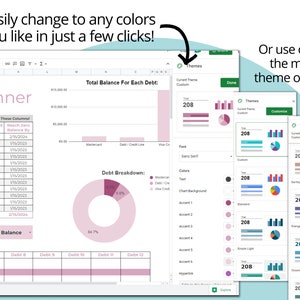 Peut inclure: Une capture d'&eacute;cran d'un programme de tableur avec un th&egrave;me de couleur rose et blanc. La feuille de calcul est intitul&eacute;e "Debt Planner" et comprend un graphique intitul&eacute; "Total Balance For Each Debt". La feuille de calcul comprend &eacute;galement un diagramme circulaire intitul&eacute; "Debt Breakdown". La capture d'&eacute;cran montre un menu avec diff&eacute;rents th&egrave;mes de couleur pour la feuille de calcul.