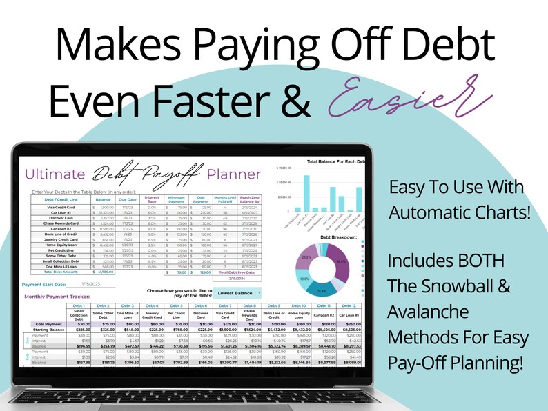 This Debt Snowball Spreadsheet for Google Sheets makes paying off debt FASTER and EASIER. With automatic charts, this debt tracker includes both snowball debt method & avalanche debt method for easy debt tracking and debt pay off.