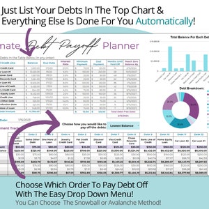Just list your debts in the top chart and the rest is automatic! The debt payment chart shows the debt snowball plan and tracks monthly payments to pay debt off quickly.

Shown in image: Debt Snowball Spreadsheet for Google Sheets