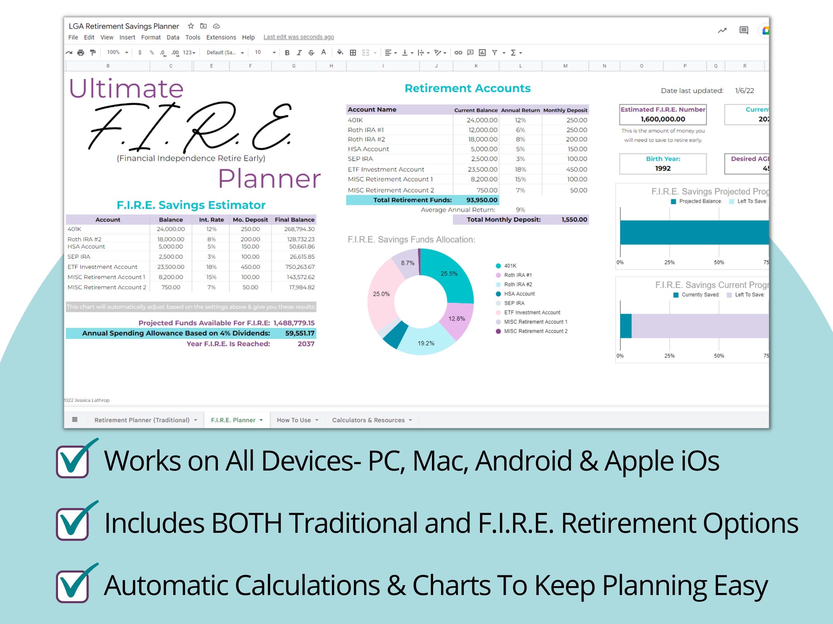 F.I.R.E. Savings Tracker / Google Sheets / Early Retirement Planner ...