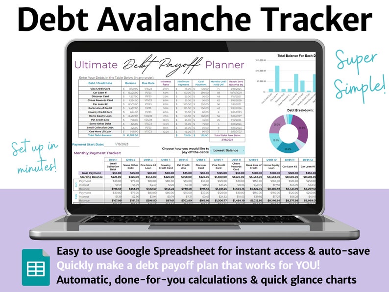 Easy Debt Lawinen Payoff Tracker für Google Sheets Debt Spreadsheet, Debt Planner, Debt Snowball Calculator, Debt Tracker, Debt Zahlung Bild 1