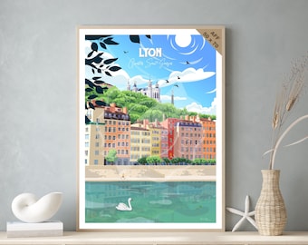 Cartaz de viagem vintage e quadro de madeira para decoração de interiores / Lyon - bairro Saint-Georges