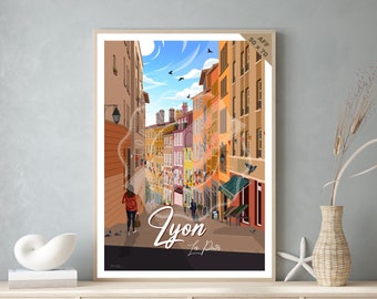 Vintage travel poster and wooden board for interior decoration / Lyon - Les Pentes