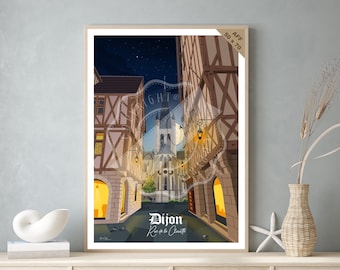 Vintage travel poster and wooden painting for interior decoration / Dijon - Rue de la Chouette