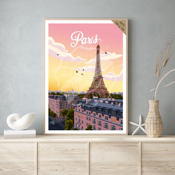 Affiche de voyage vintage et tableau bois pour décoration d’intérieur / Paris - Tour Eiffel