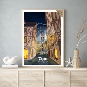 Cartaz de viagem vintage e quadro de madeira para decoração de interiores / Dijon - Rue de la Chouette