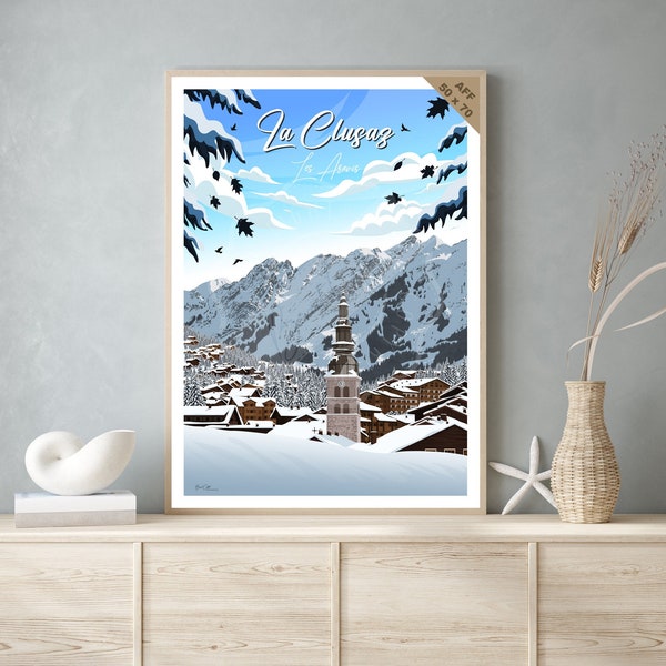 Affiche de voyage vintage et tableau bois pour décoration d’intérieur / La Clusaz - Les Aravis