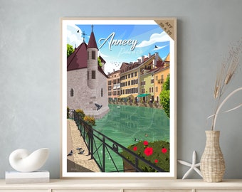 Affiche de voyage vintage et tableau bois pour décoration d’intérieur / Annecy - Palais de l'Ile