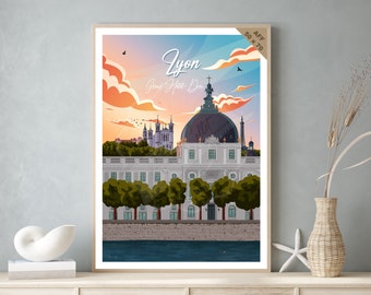 Affiche de voyage vintage et tableau bois pour décoration d’intérieur / Lyon - Grand Hôtel-Dieu