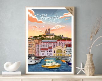 Affiche de voyage vintage et tableau bois pour décoration d’intérieur / Marseille - Le Vieux-Port