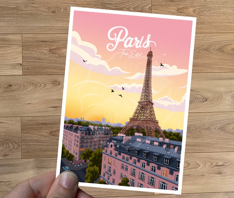 Carte postale de voyage vintage, illustration de Paris, pour décoration d'intérieur / Paris Tour Eiffel image 2