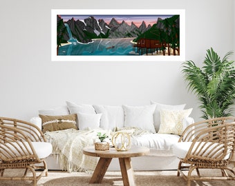 Vintage travel poster and wooden board for interior design / Peaceful moment