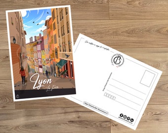 Vintage reisansichtkaart, illustratie van Lyon, voor interieurdecoratie / Lyon - Les Pentes