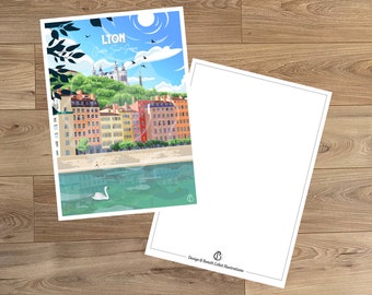 Vintage reisansichtkaart, illustratie van Lyon, voor interieurdecoratie / Lyon - wijk Saint-Georges