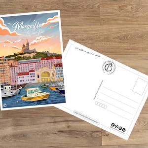Postal de viaje antigua, ilustración de Marsella, para decoración de interiores / Marsella - Le Vieux-Port