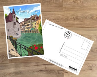 Cartolina di viaggio d'epoca, illustrazione di Annecy, per la decorazione d'interni / Annecy - Palais de l'Ile