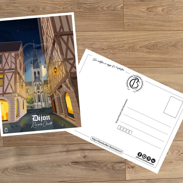 Carte postale de voyage vintage, illustration de Dijon, pour décoration d'intérieur / Dijon - Rue de la Chouette