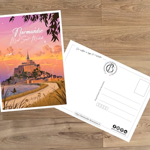 Carte postale de voyage vintage, illustration du Mont Saint-Michel, pour décoration d'intérieur / Normandie - Mont Saint-Michel