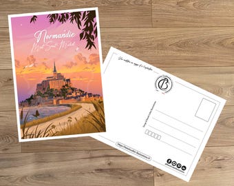 Pocztówka podróżnicza w stylu vintage, ilustracja przedstawiająca Mont Saint-Michel, do dekoracji wnętrz / Normandia - Mont Saint-Michel