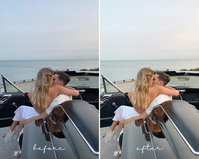 Pu&ograve; includere: Una coppia in una macchina decappottabile nera, che si baciano, con l'oceano sullo sfondo. La donna indossa un vestito bianco e l'uomo indossa una camicia bianca. La macchina &egrave; parcheggiata su una strada con erba verde e alberi su entrambi i lati.