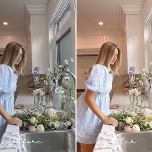 Pu&ograve; includere: Una donna con un vestito azzurro chiaro sta sistemando un mazzo di fiori in un lavandino da cucina. I fiori sono un mix di bianco, rosa e viola. Il lavandino &egrave; in acciaio inossidabile e dietro c'&egrave; un piano di lavoro bianco. Il testo "prima" &egrave; scritto sul lato sinistro dell'immagine e "dopo" &egrave; scritto sul lato destro dell'immagine.
