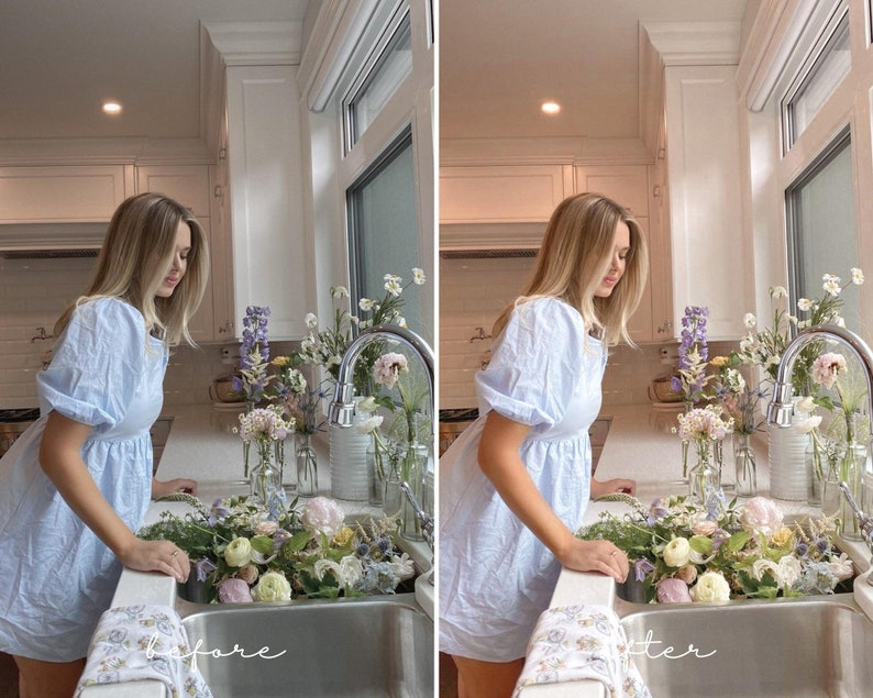 Pu&ograve; includere: Una donna con un vestito azzurro chiaro sta sistemando un mazzo di fiori in un lavandino da cucina. I fiori sono un mix di bianco, rosa e viola. Il lavandino &egrave; in acciaio inossidabile e dietro c'&egrave; un piano di lavoro bianco. Il testo "prima" &egrave; scritto sul lato sinistro dell'immagine e "dopo" &egrave; scritto sul lato destro dell'immagine.