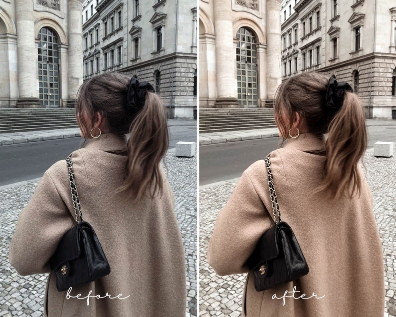Pu&ograve; includere: Una donna con lunghi capelli castani indossa un cappotto marrone e una borsa a tracolla nera con catena. Indossa un elastico per capelli nero nei capelli e orecchini a cerchio dorati. La donna cammina per strada davanti a un edificio.