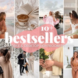 Pu&ograve; includere: Un collage di immagini che mostrano oltre 10 preset Lightroom per dispositivi mobili e desktop tra i pi&ugrave; venduti. Le immagini presentano diverse scene, tra cui una donna con un vestito bianco, una donna con una felpa rosa, una donna con una camicetta bianca, una donna in bikini, una donna con un cappotto, una coppia in un paesaggio innevato, una tazza di caff&egrave; e un mazzo di fiori.
