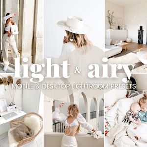 May include: A collection of Lightroom presets for mobile and desktop, called "light & airy". The presets are designed to create a bright, airy, and light feel in photos. The image shows a variety of photos that have been edited with the presets, including a woman in a white outfit, a living room with white furniture, and a bedroom with white bedding.