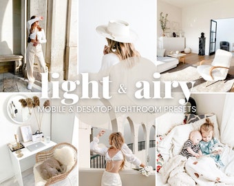 Puede incluir: Una colección de ajustes preestablecidos de Lightroom para dispositivos móviles y de escritorio, llamada "light & airy". Los ajustes preestablecidos están diseñados para crear una sensación brillante, aireada y ligera en las fotos. La imagen muestra una variedad de fotos que se han editado con los ajustes preestablecidos, incluida una mujer con un atuendo blanco, una sala de estar con muebles blancos y un dormitorio con ropa de cama blanca.