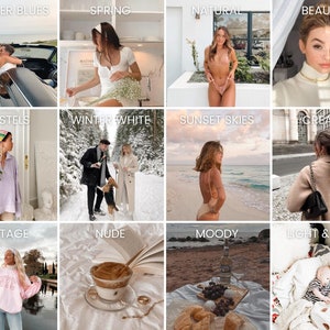 Pu&ograve; includere: Un collage di 12 immagini che mostrano diversi stili di fotografia, tra cui blu estivi, primavera, naturale, bellezza, pastello, bianco invernale, tramonti, crema, vintage, nudo, malinconico e luce e aria.