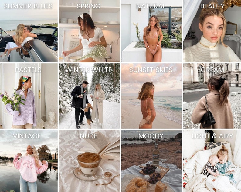 Pu&ograve; includere: Un collage di 12 immagini che mostrano diversi stili di fotografia, tra cui blu estivi, primavera, naturale, bellezza, pastello, bianco invernale, tramonti, crema, vintage, nudo, malinconico e luce e aria.
