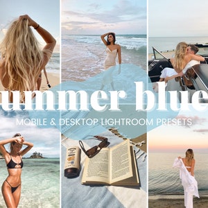 Puede incluir: Una colección de ajustes preestablecidos de Lightroom para dispositivos móviles y de escritorio, llamada "Summer Blues". Los ajustes preestablecidos están diseñados para mejorar las fotos con un esquema de color azul y blanco, perfecto para imágenes veraniegas de playas, océanos y puestas de sol.