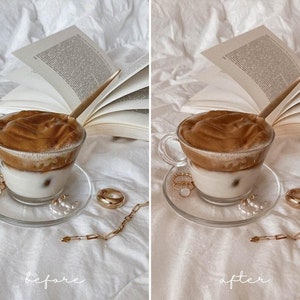 Pu&ograve; includere: Un bicchiere di caff&egrave; freddo con uno spesso strato di schiuma, appoggiato su una superficie bianca con un libro e gioielli d'oro. Il testo "before" &egrave; scritto in basso a sinistra dell'immagine.