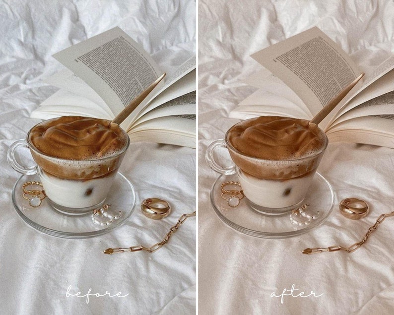 Pu&ograve; includere: Un bicchiere di caff&egrave; freddo con uno spesso strato di schiuma, appoggiato su una superficie bianca con un libro e gioielli d'oro. Il testo "before" &egrave; scritto in basso a sinistra dell'immagine.